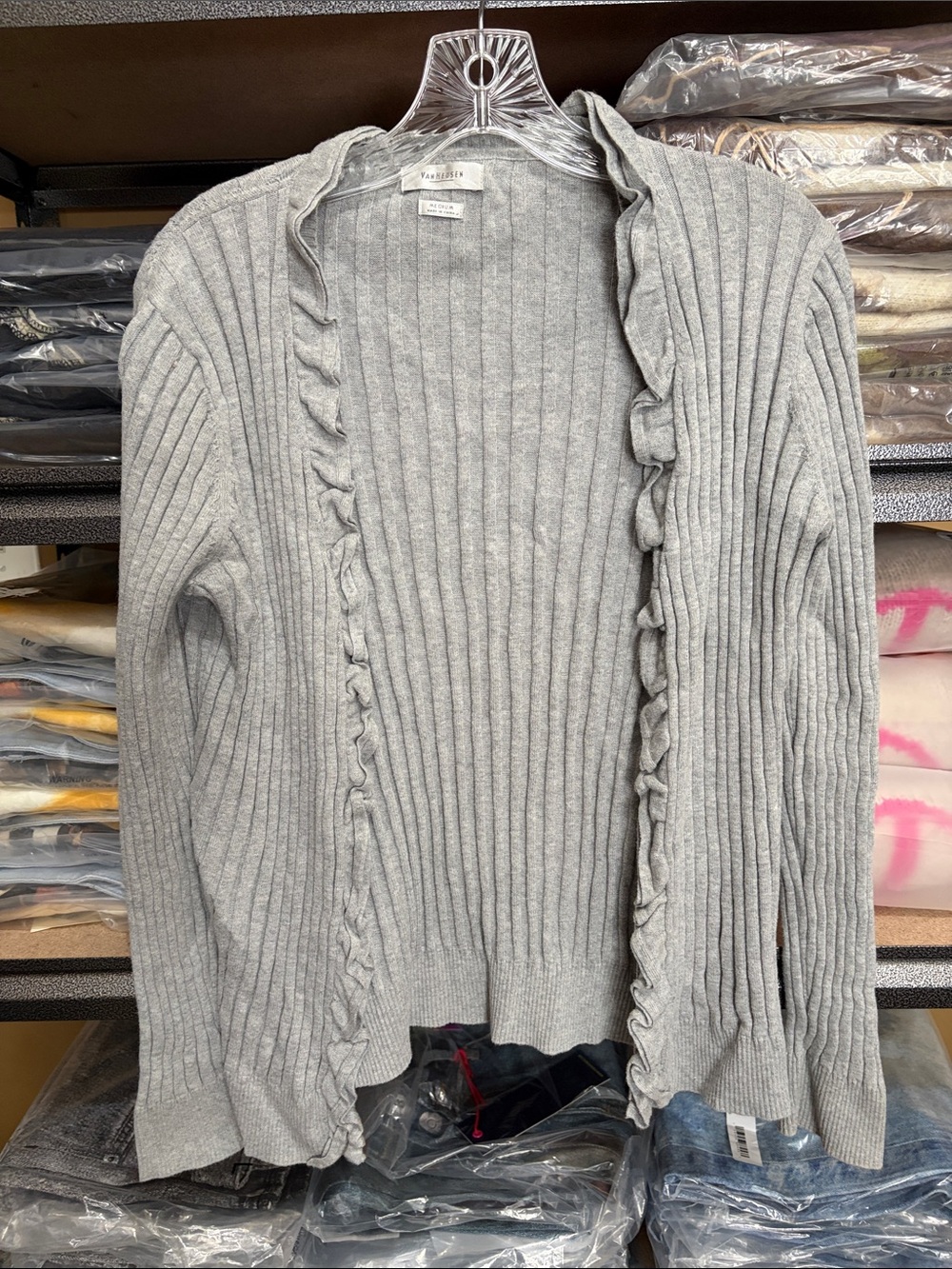 Van Heusen Light Gray Ribbed Ruffle-Trim Open Cardigan